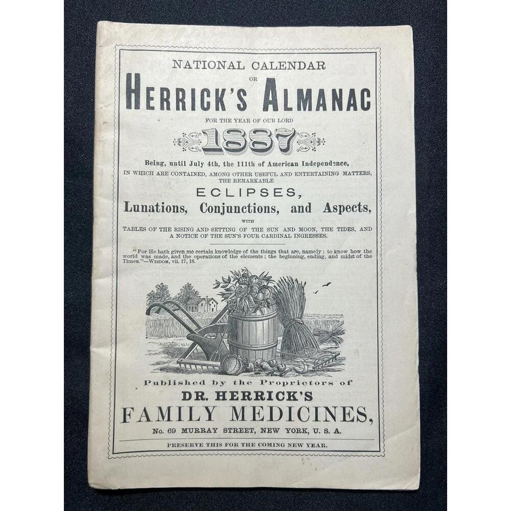 1887 Calendar Herrick’s Almanac Eclipses Aspects Family Medicine Recipes Farming